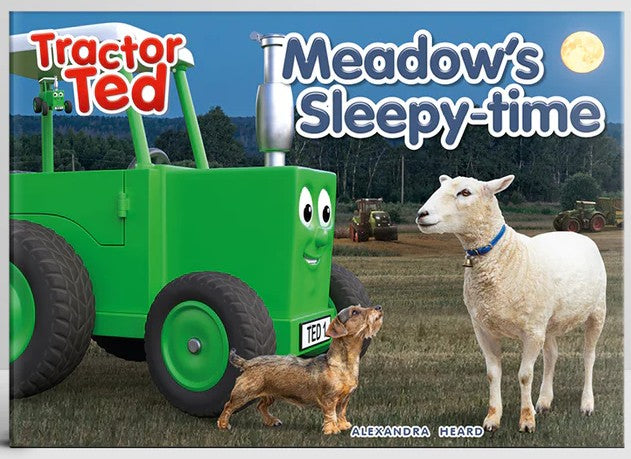 Tractor Ted Meadow's Sleepy-time Storybook cover featuring Meadow the sheep, Tractor Ted, and Midge the dog on a peaceful farm night – Ireland