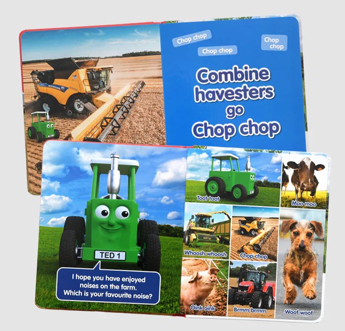 Final pages of Tractor Ted Noises Book with farm sound collage – Ireland
