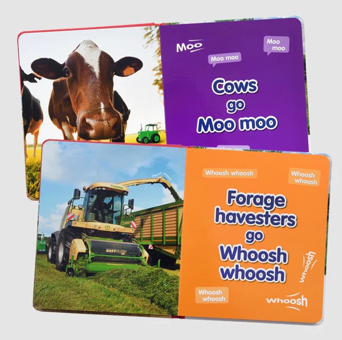Inside pages of Tractor Ted Noises Book showing cows and forage harvester sounds – Ireland