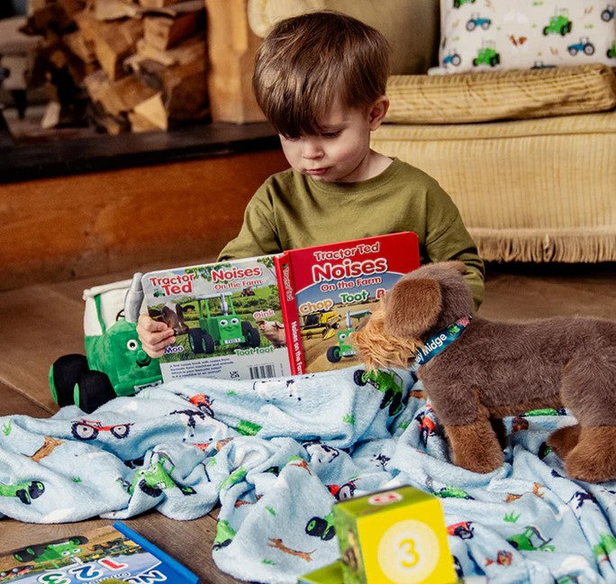 Toddler reading Tractor Ted Noises On the Farm Board Book with plush toy – Ireland
