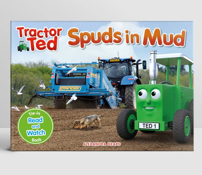 Tractor Ted Spuds in Mud Read and Watch book cover with tractor and potato machine – Ireland