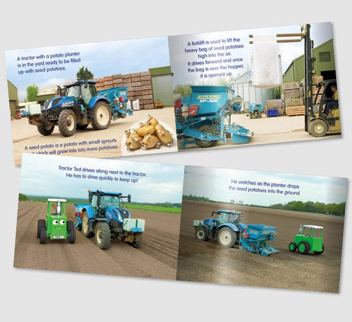 Inside pages of Spuds in Mud Tractor Ted book showing tractors and potato planters – Ireland
