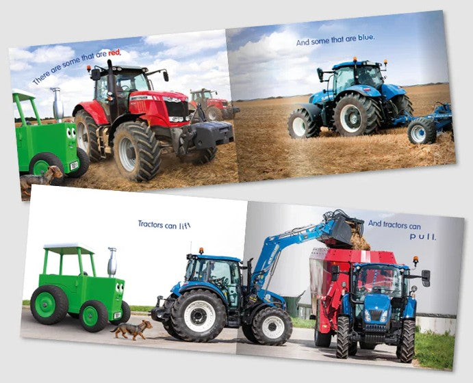 Inside pages of Tractor Ted Tractor Time showing red and blue tractors – Ireland