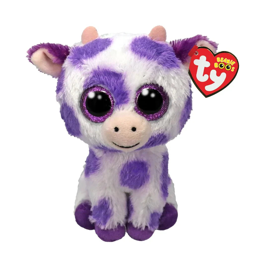 Ty Beanie Boo Ethel Cow plush front view with pink horns and purple hooves