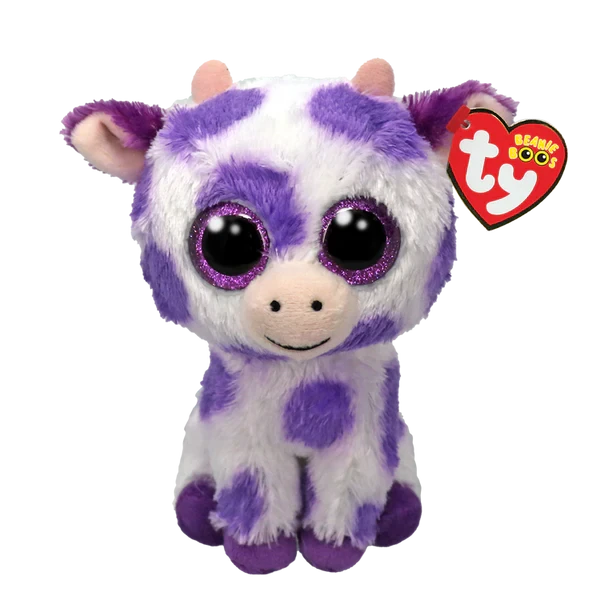 Ty Beanie Boo Ethel Cow soft toy with purple spots and sparkly eyes