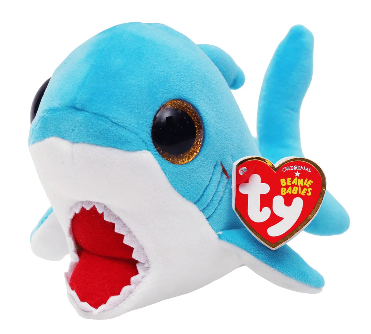 Ty Beanie Boo Finsley Shark soft toy close angled view with amber glitter eye and red TY heart tag