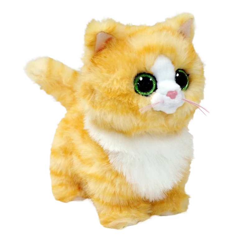 Ty Beanie Boo Melanie Tabby Cat soft toy angled front view with white chest and green glitter eyes