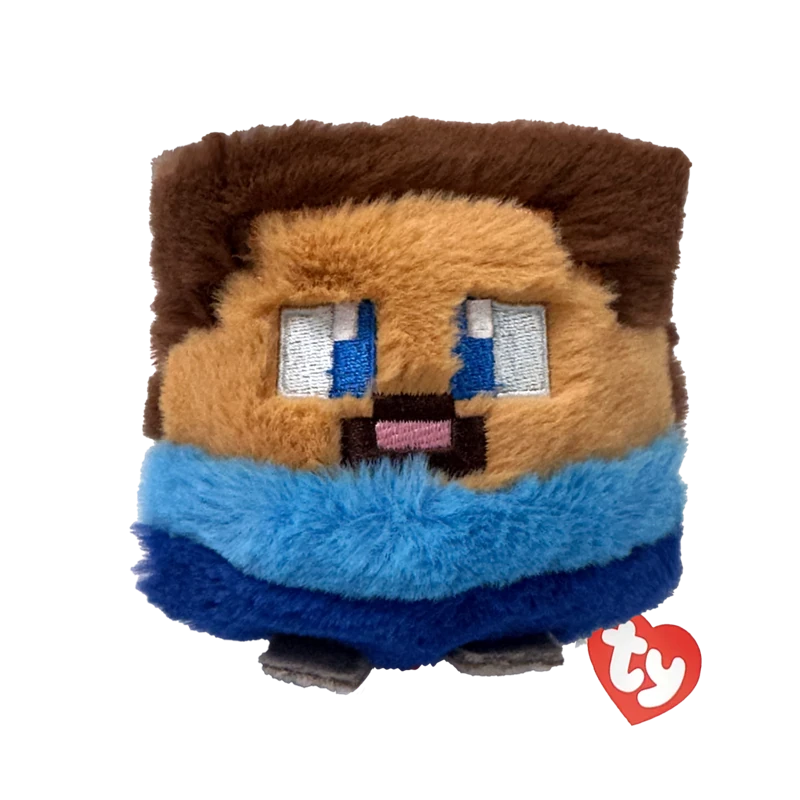 Ty Beanie Bouncers Minecraft Steve plush front view with red TY heart tag and grey feet