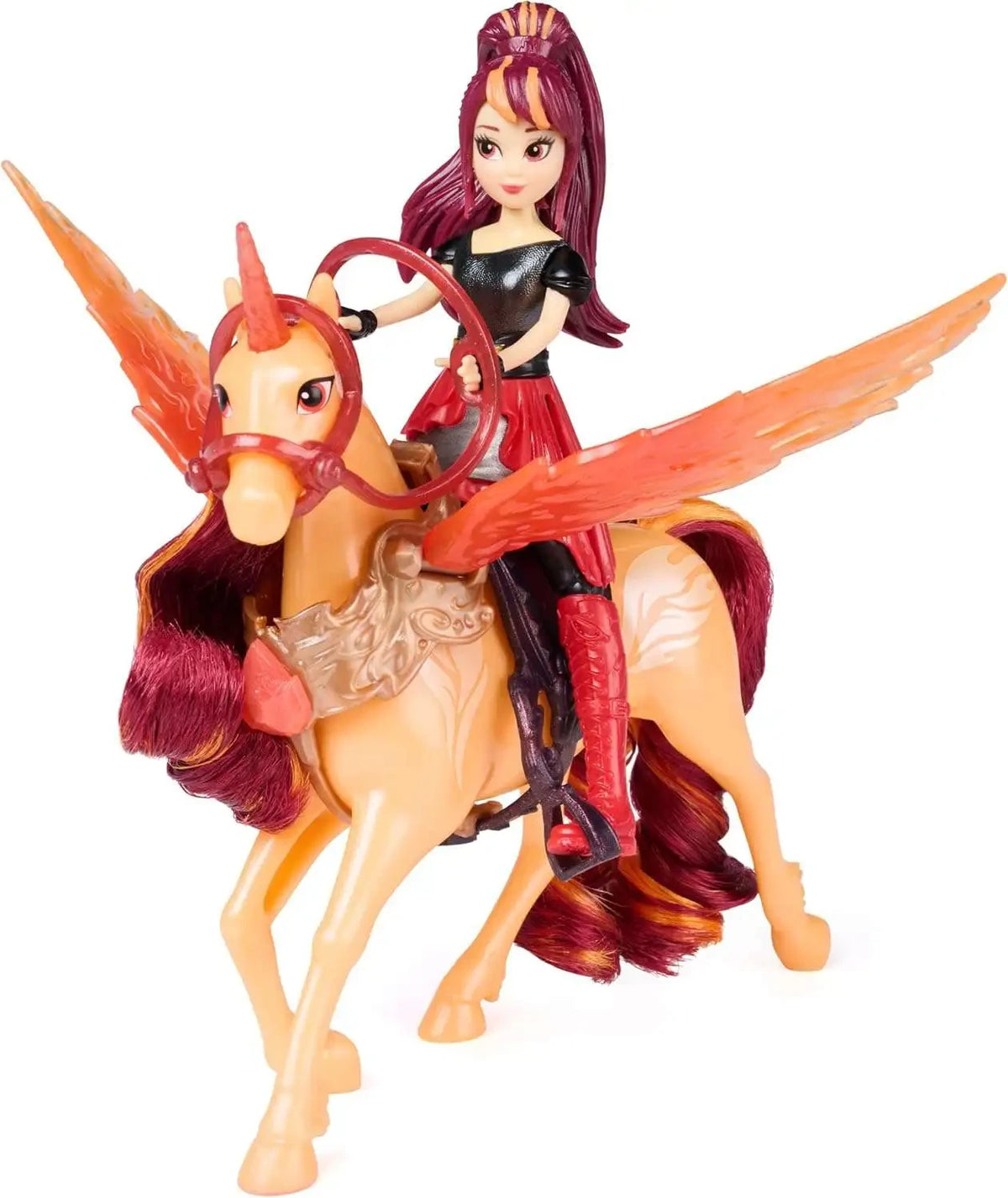 Unicorn Academy Valentina doll with dark red ponytail, black and red riding outfit and red boots sitting in the saddle on Cinder, an orange unicorn with raised translucent orange wings and a flowing red mane and tail.