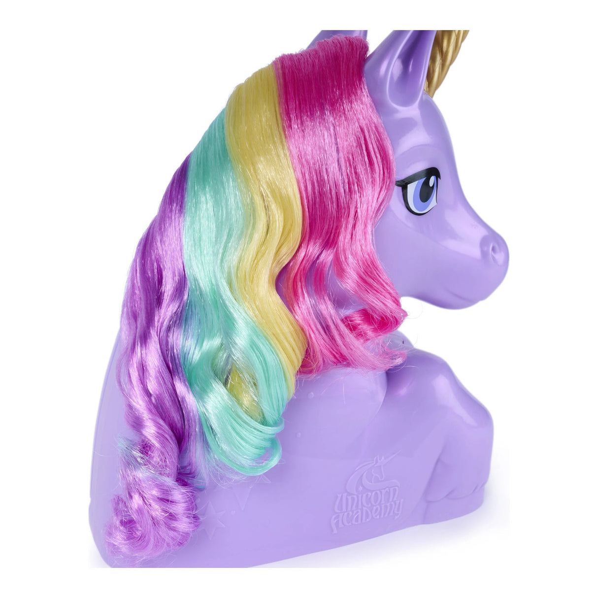 Close view of the purple Wildstar styling head with long pink, yellow, green and blue mane