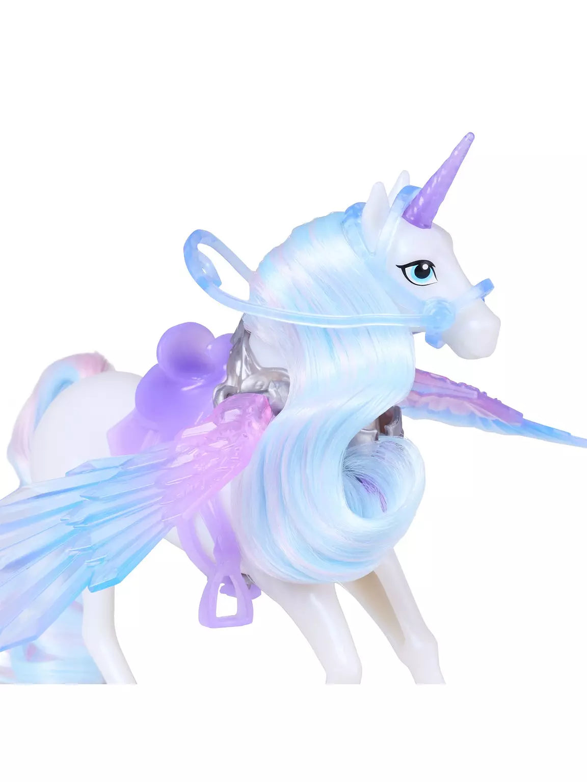 Close view of Unicorn Academy Wing Magic Glacier showing purple horn, blue mane, bridle and blue and purple wings