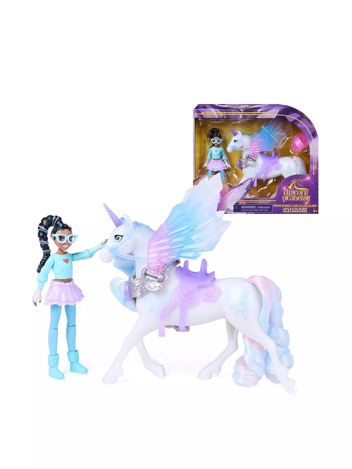 Unicorn Academy Wing Magic Layla doll beside Glacier unicorn with wings and retail packaging