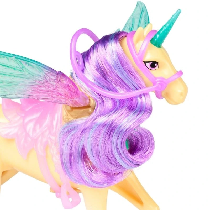 Close-up of Leaf unicorn's head with turquoise horn, pink bridle, purple eyes and long curled purple, pink and turquoise mane, with a translucent wing visible behind the hair.