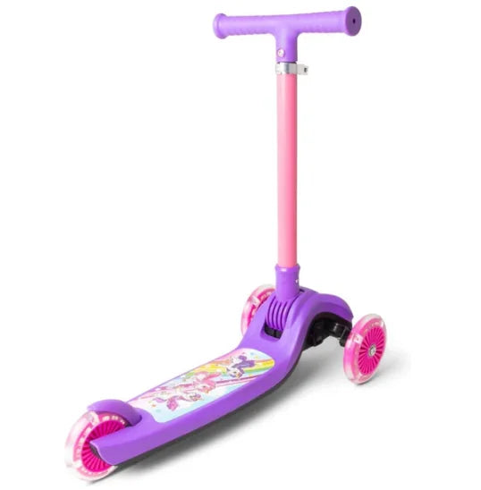 A purple three wheel scooter with a long decorated deck and clear pink wheels shown against a white background