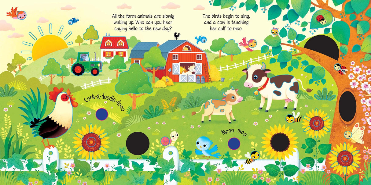 Usborne Farm Sounds spread showing a sunny farmyard with sheep, goats, chicks, tractor and barns