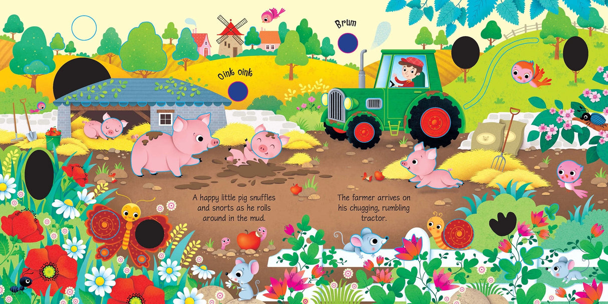 Usborne Farm Sounds spread showing pigs in mud, a red tractor, sheep and garden flowers