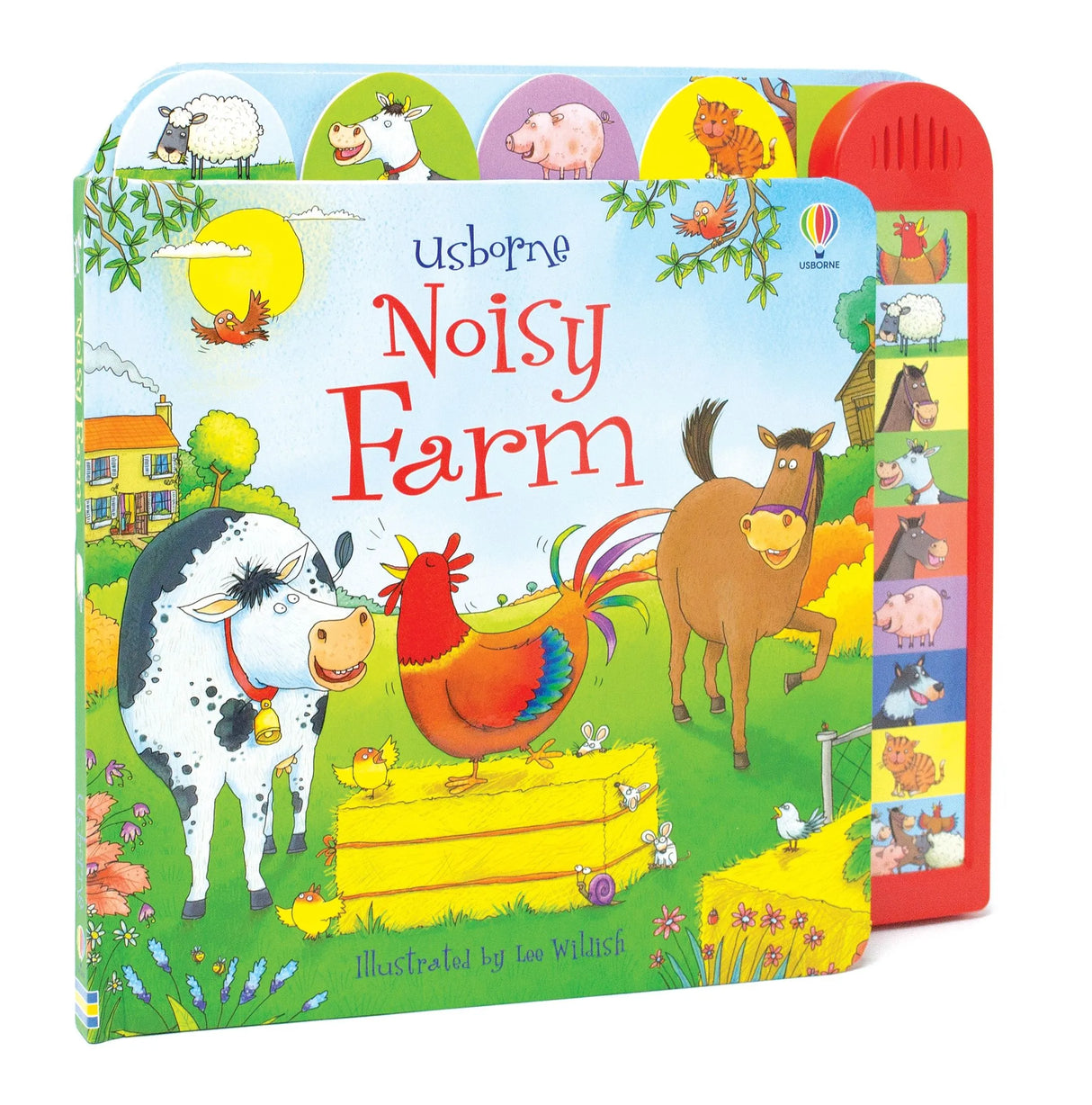 Angled Usborne Noisy Farm front cover showing farm animals and a red sound panel