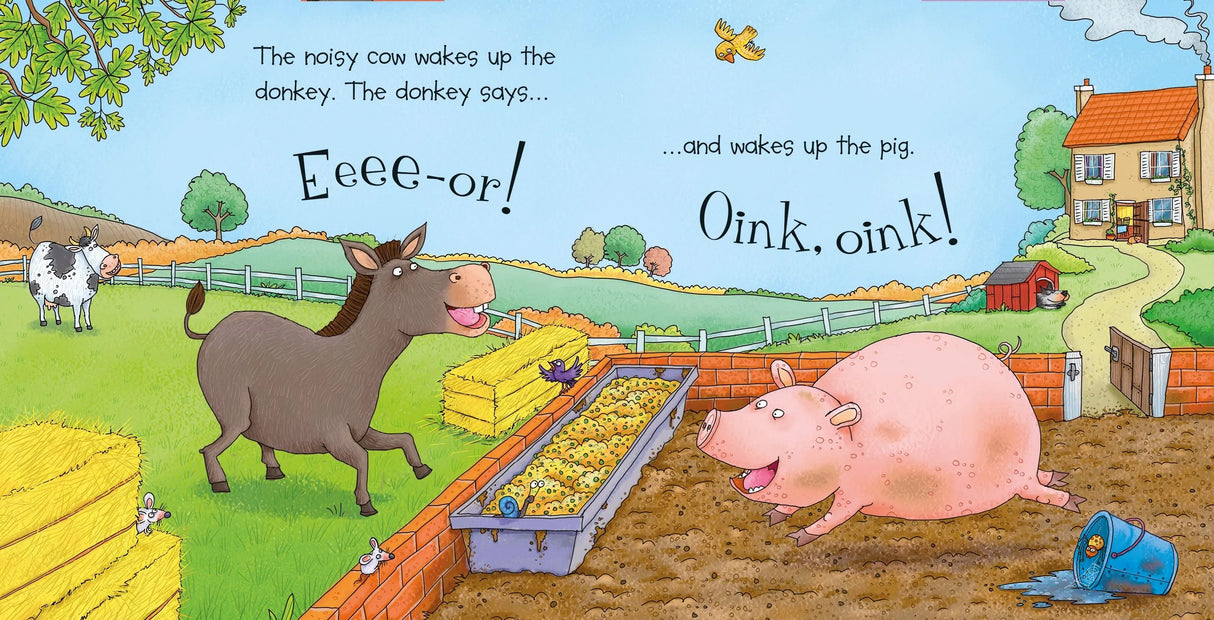 Usborne Noisy Farm book spread showing a donkey and pig beside a farmyard