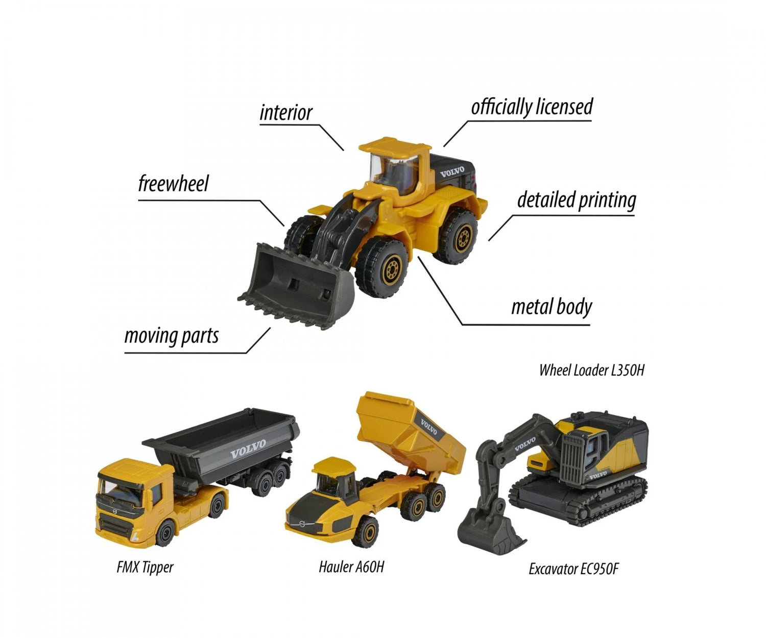 Majorette Volvo Construction die cast vehicles showing moving parts and detailed Volvo design in Ireland