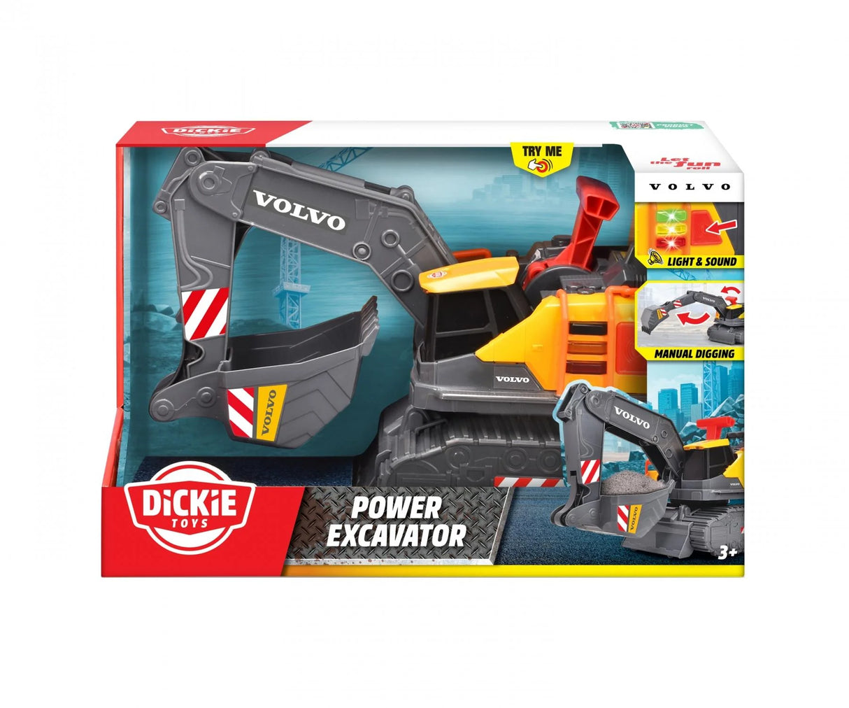 Dickie Toys Volvo Power Excavator boxed toy with manual digging and lights in Ireland