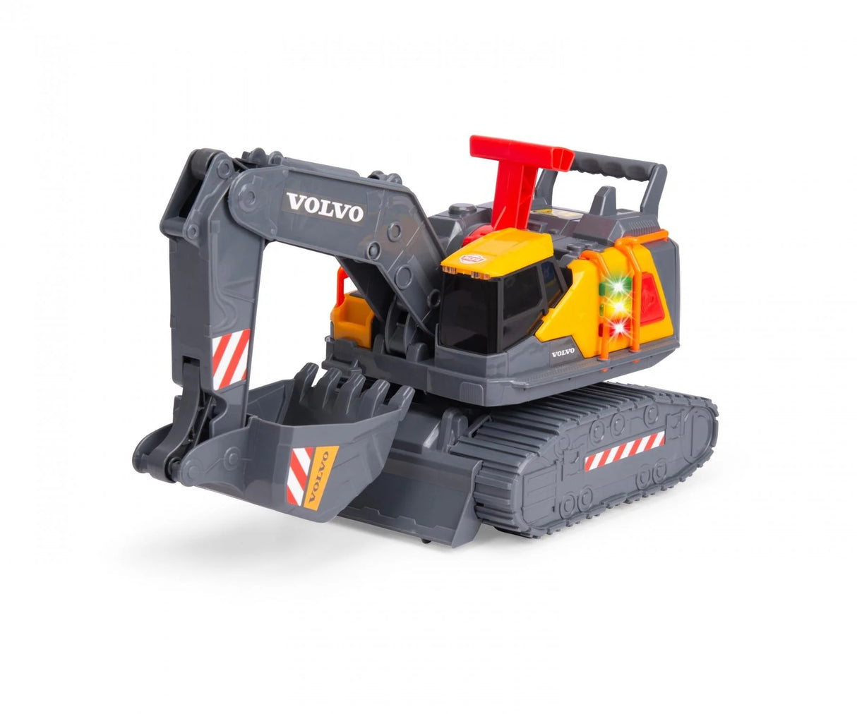 Volvo Power Excavator toy by Dickie Toys shown at an angled view with lights and bucket lowered
