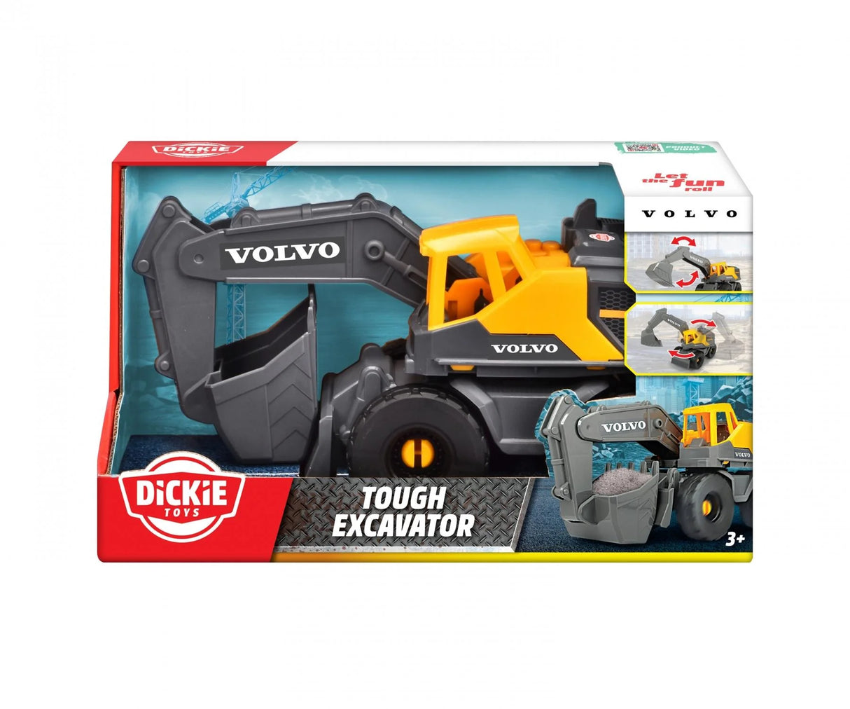 Dickie Toys Volvo Tough Excavator toy displayed in retail packaging box
