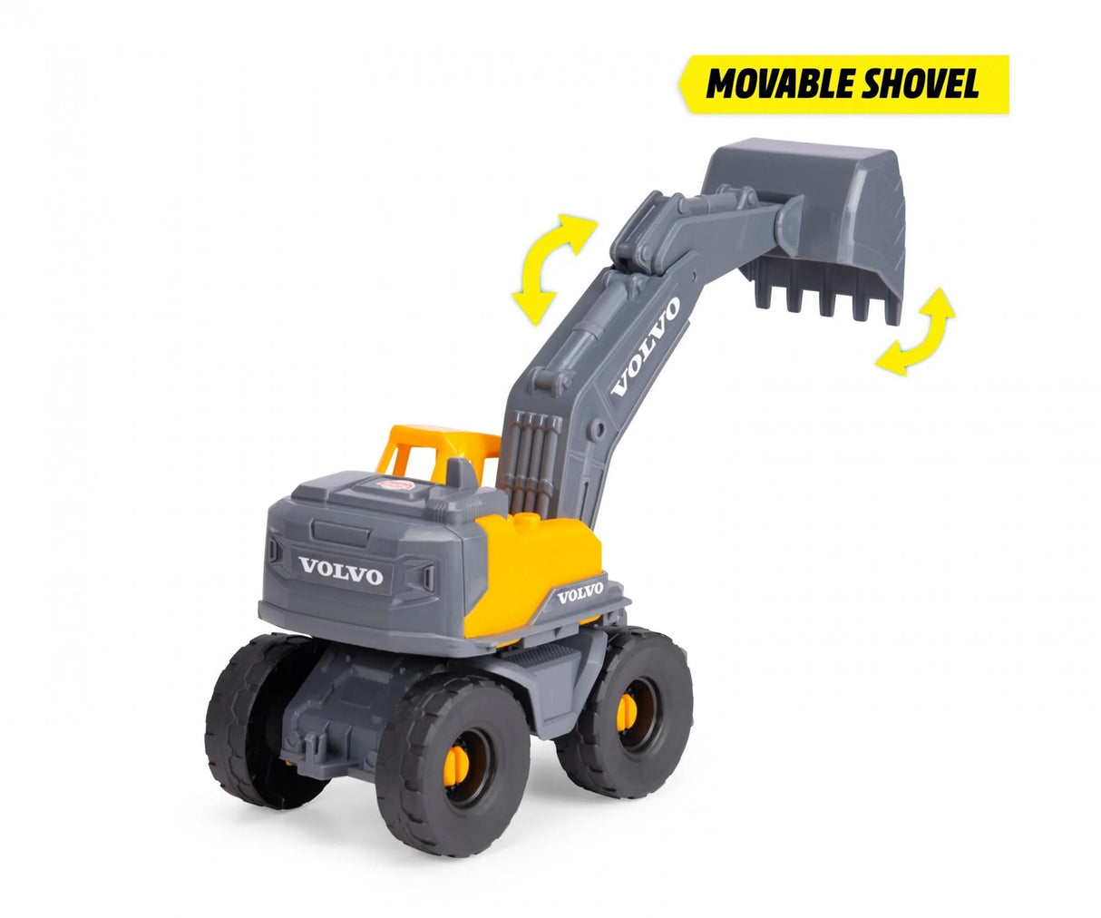 Volvo Tough Excavator toy showing raised shovel arm and realistic construction design