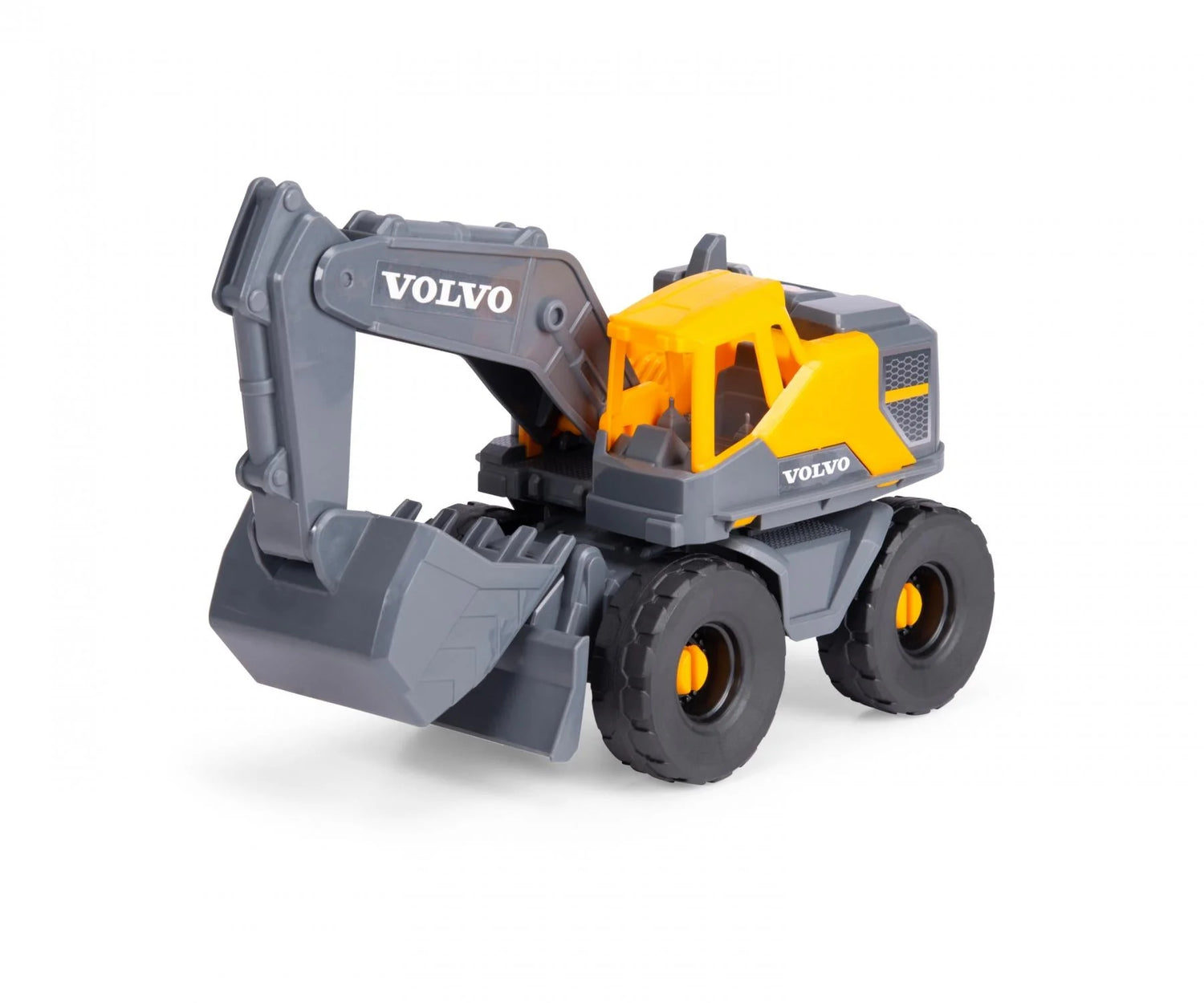 Dickie Toys Volvo Tough Excavator with yellow cab and grey digging arm on white background