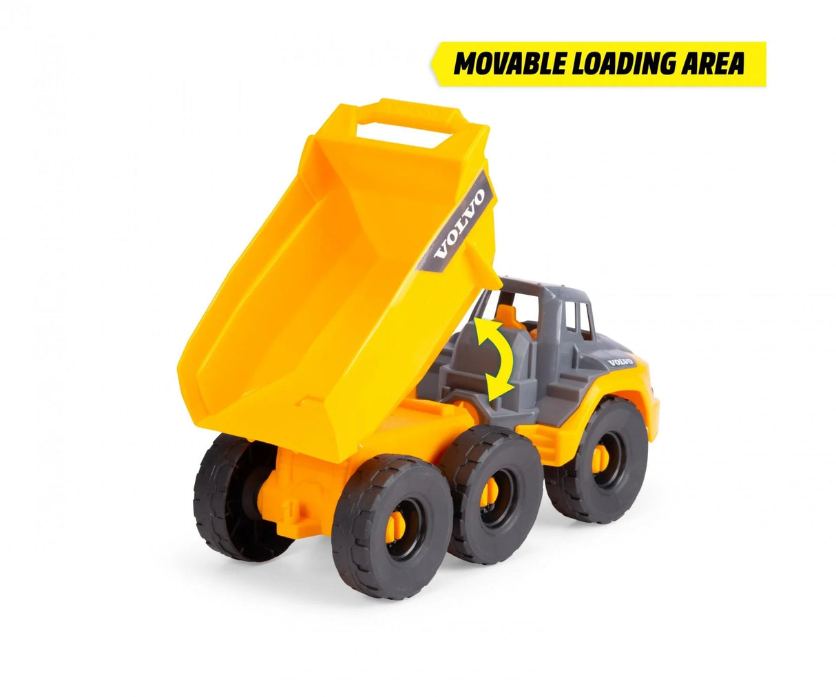 Volvo Tough Hauler dump truck toy with raised tipping bed and articulated chassis in yellow and grey