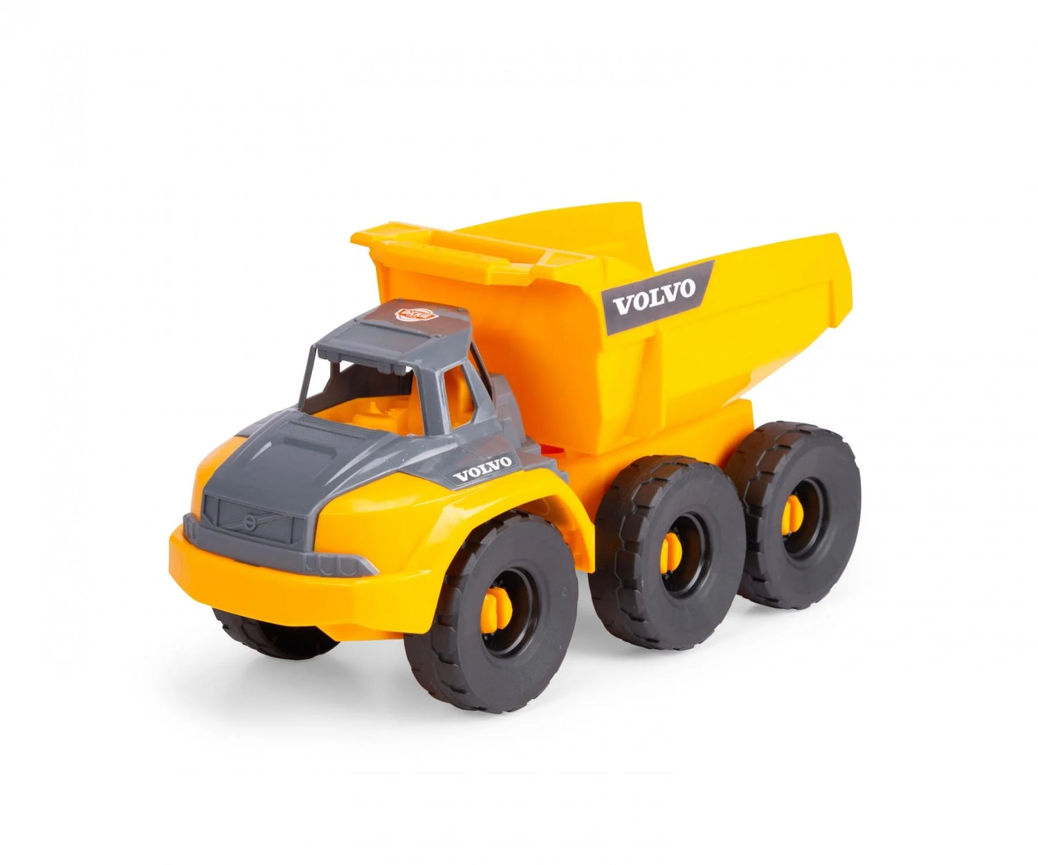 Dickie Toys Volvo Tough Hauler dump truck with yellow tipper and grey cab on white background