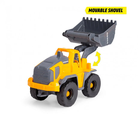 Volvo Tough Loader wheel loader toy with raised movable shovel and bright yellow body