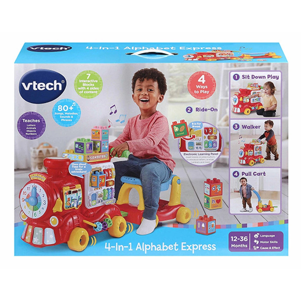 VTech 4-In-1 Alphabet Express in retail packaging showing the train, learning blocks and four play configurations