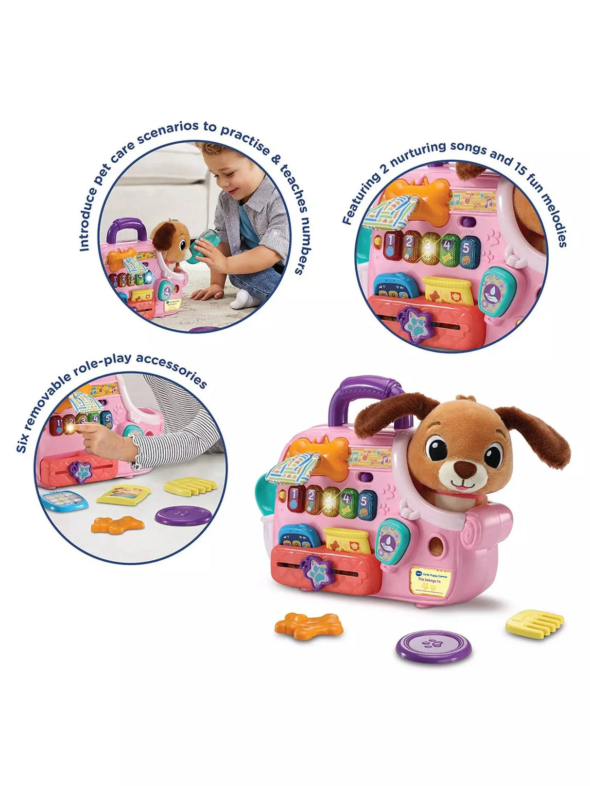 VTech Baby Cutie Puppy Carrier feature callouts showing pet care pretend play, light-up number keys, and six removable role-play accessories including bone and comb