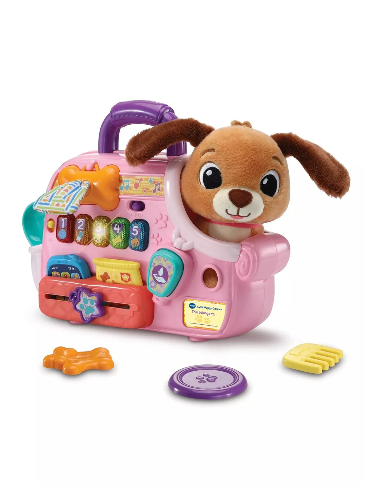 VTech Baby Cutie Puppy Carrier pink interactive toy with plush brown puppy, light-up number buttons, water bottle, bone treat and grooming comb accessories on white background