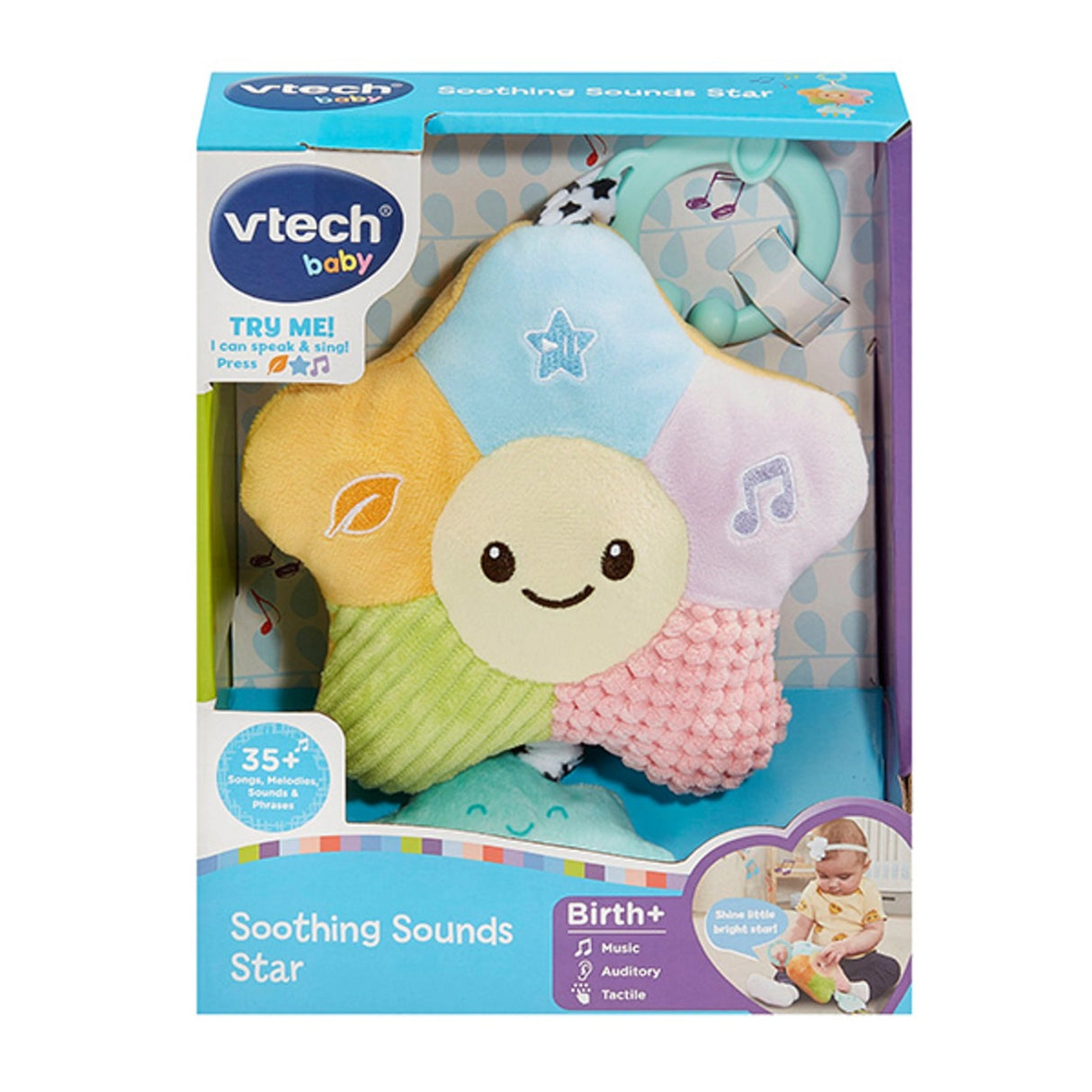 VTech Baby Soothing Sounds Star in VTech baby retail box showing soft star toy with TRY ME panel and Birth+ age label