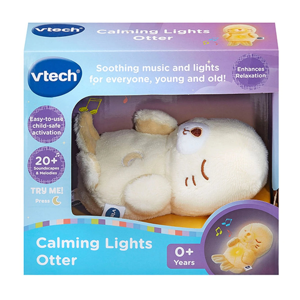 Boxed VTech Calming Lights Otter showing the plush toy through the front packaging window