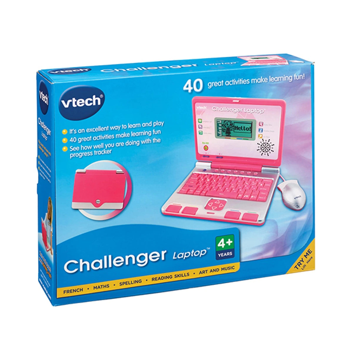VTech Challenger Laptop Pink retail box showing the pink learning laptop, mouse and 40 activity feature panel