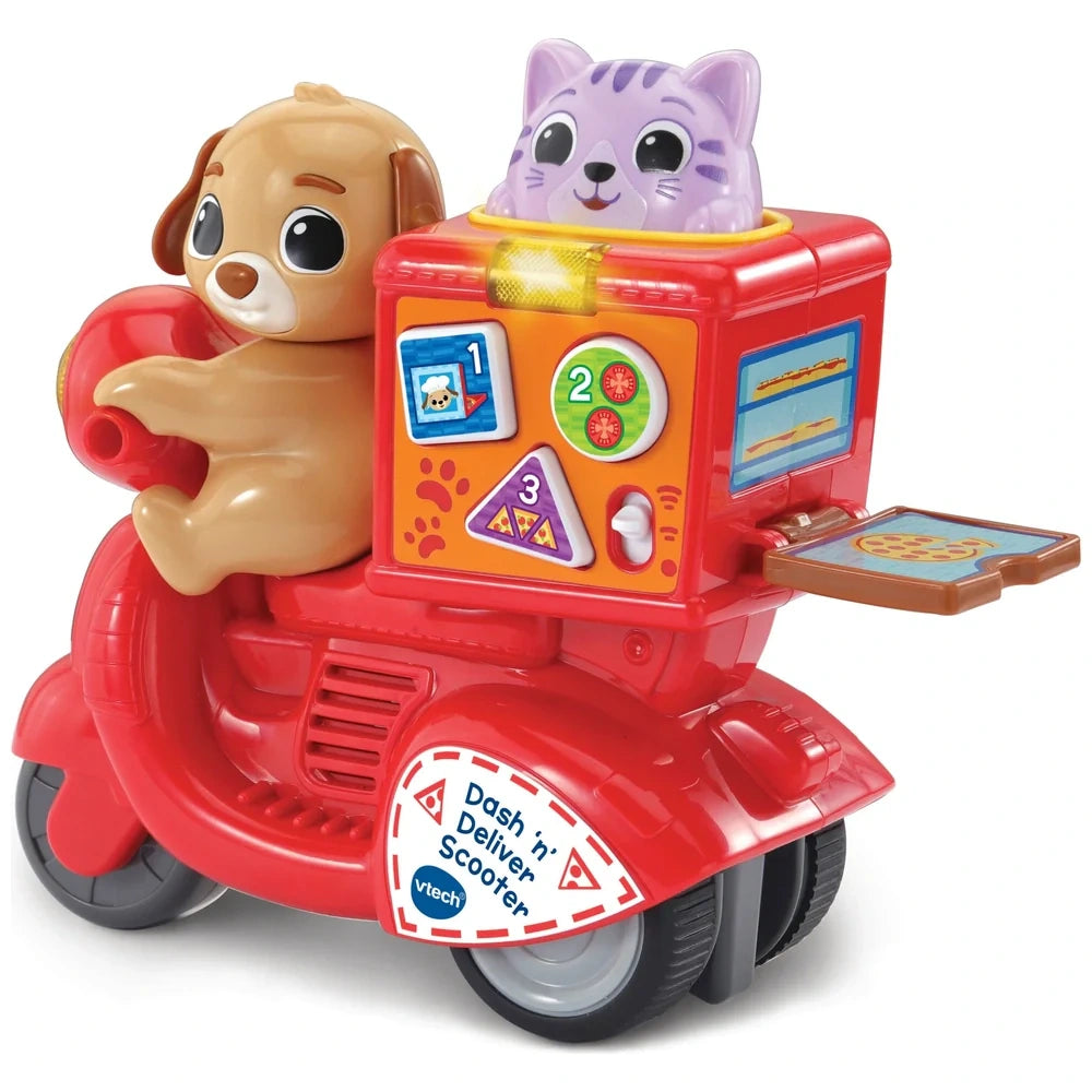 VTech Dash n Deliver Scooter side view with rear delivery box door open and interactive buttons visible on the scooter body