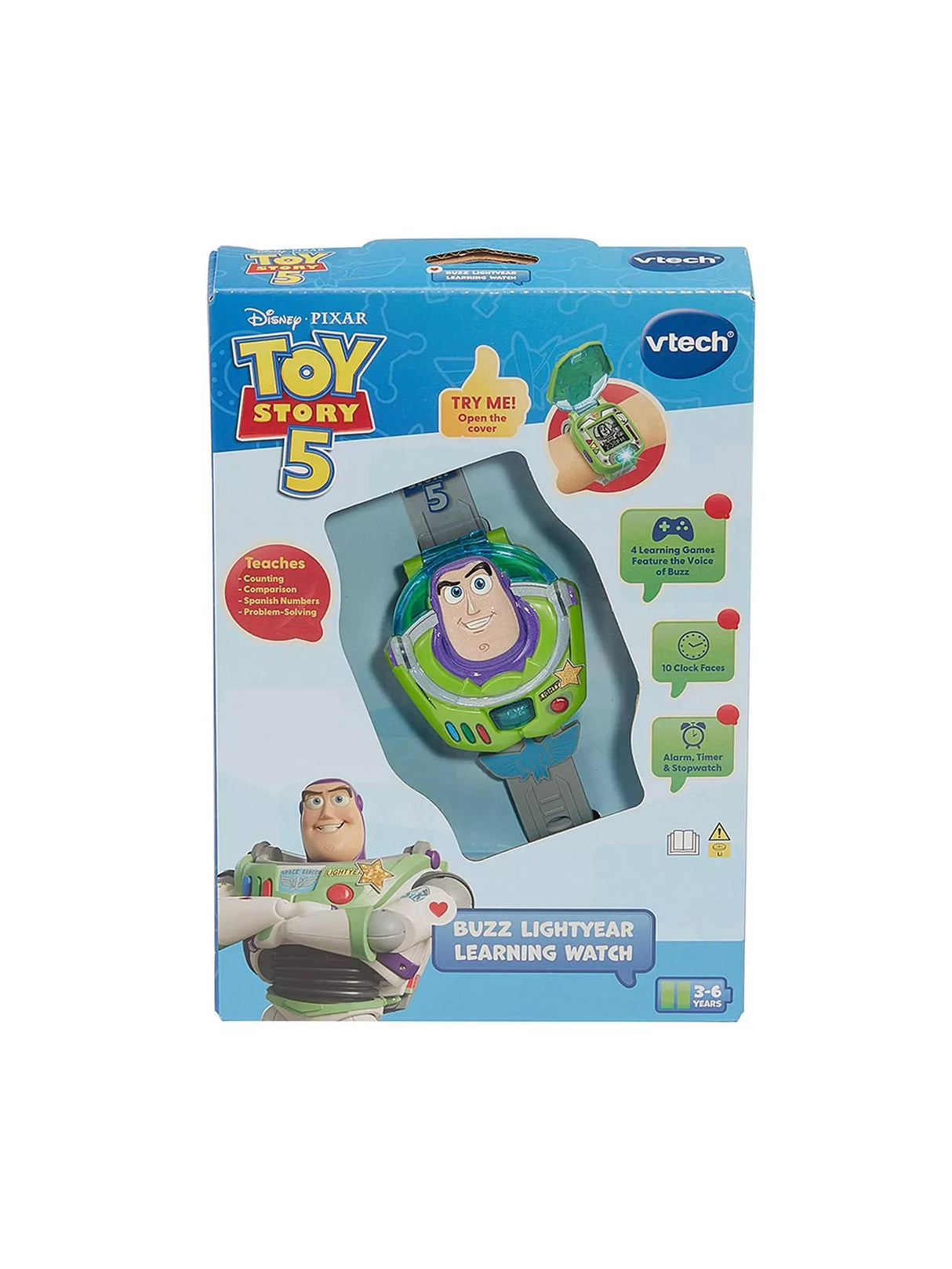 VTech Disney Pixar Toy Story 5 Buzz Lightyear Learning Watch box showing Buzz watch and 3 to 6 years age mark