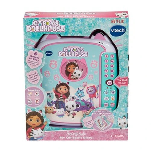 VTech Gabby's Dollhouse Secret Safe Diary in retail packaging showing the electronic keypad, front photo window and Gabby Cats artwork