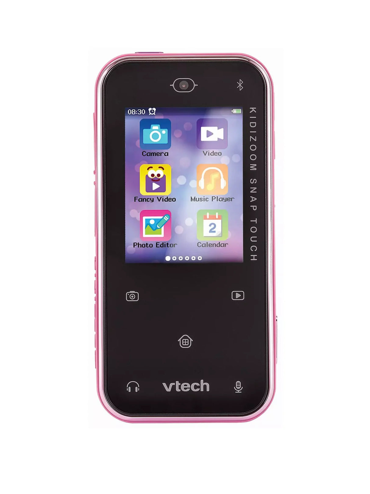 Close-up of VTech KidiZoom Snap Touch Pink touchscreen displaying colorful photo, video, and music app icons for kids