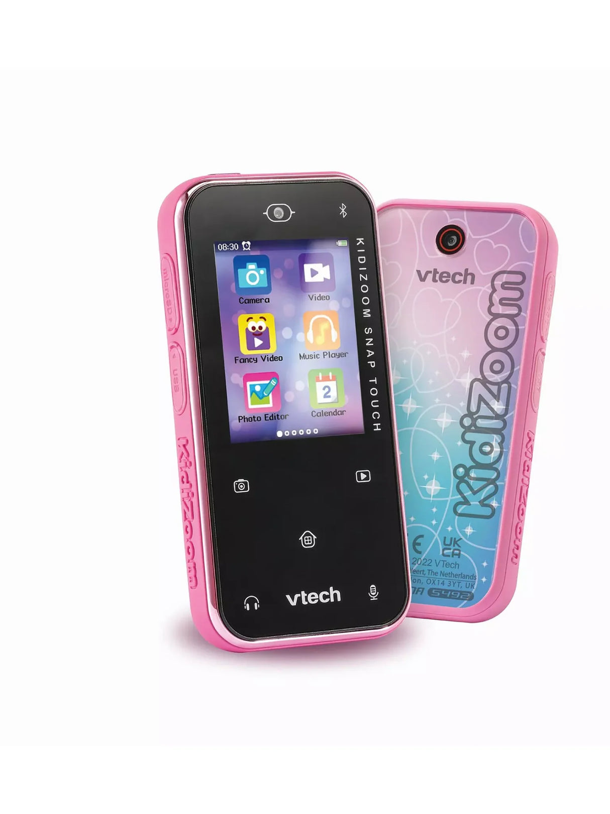 VTech KidiZoom Snap Touch Pink showing front touchscreen and rear heart pattern design with camera lens