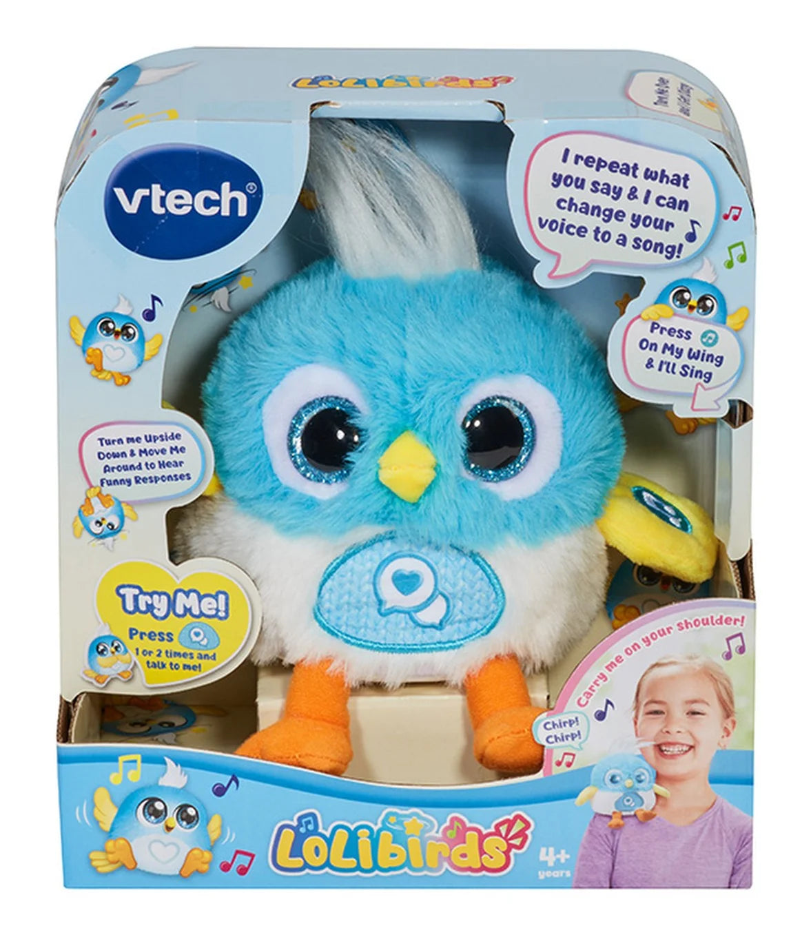 Front view of VTech LoLibirds Blue plush toy with light-up eyes – Ireland