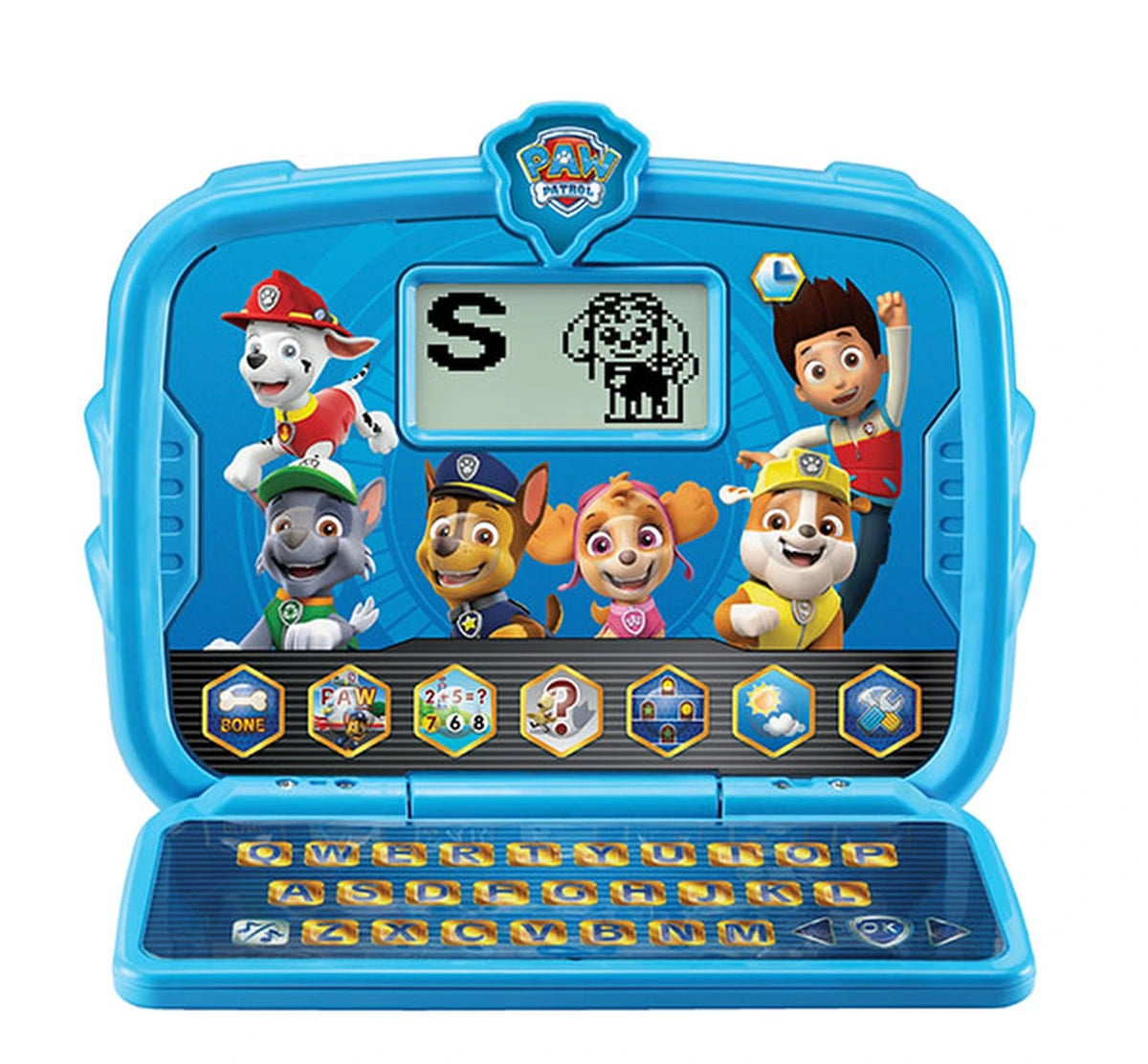 VTech PAW Patrol Learning Tab-Top open with letter activity displayed on screen and alphabet keyboard below