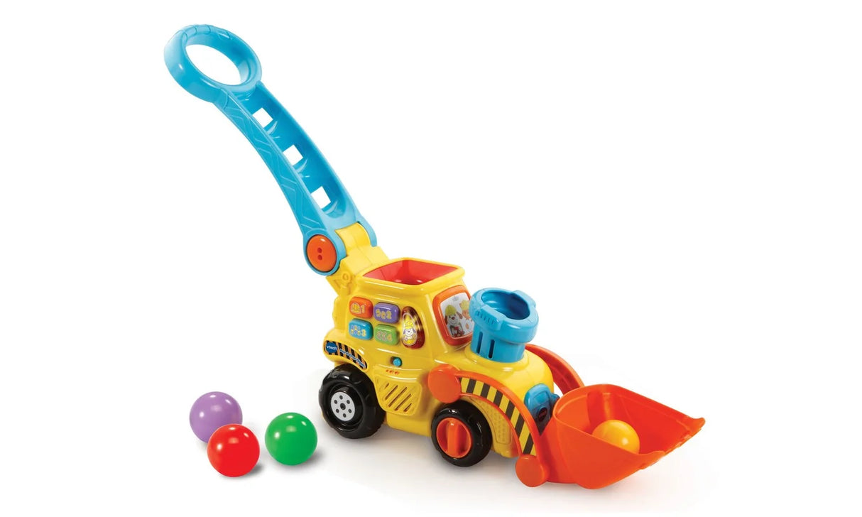 Close-up of VTech Pop and Drop Digger toy with shape buttons and popping multicoloured balls in Ireland