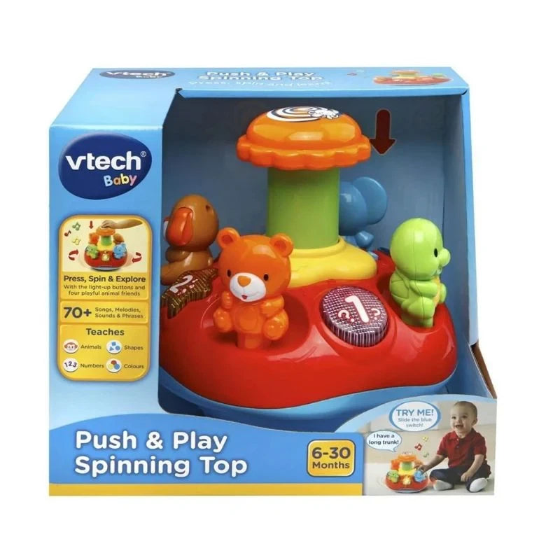 VTech Push and Play Spinning Top shown in blue boxed packaging