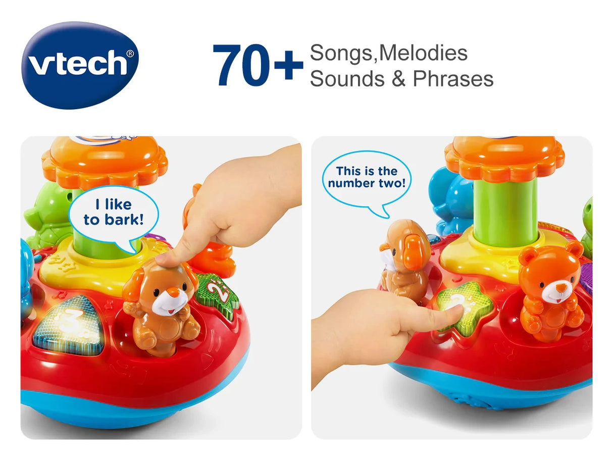 VTech Push and Play Spinning Top feature image showing animal buttons, shape buttons and music phrases