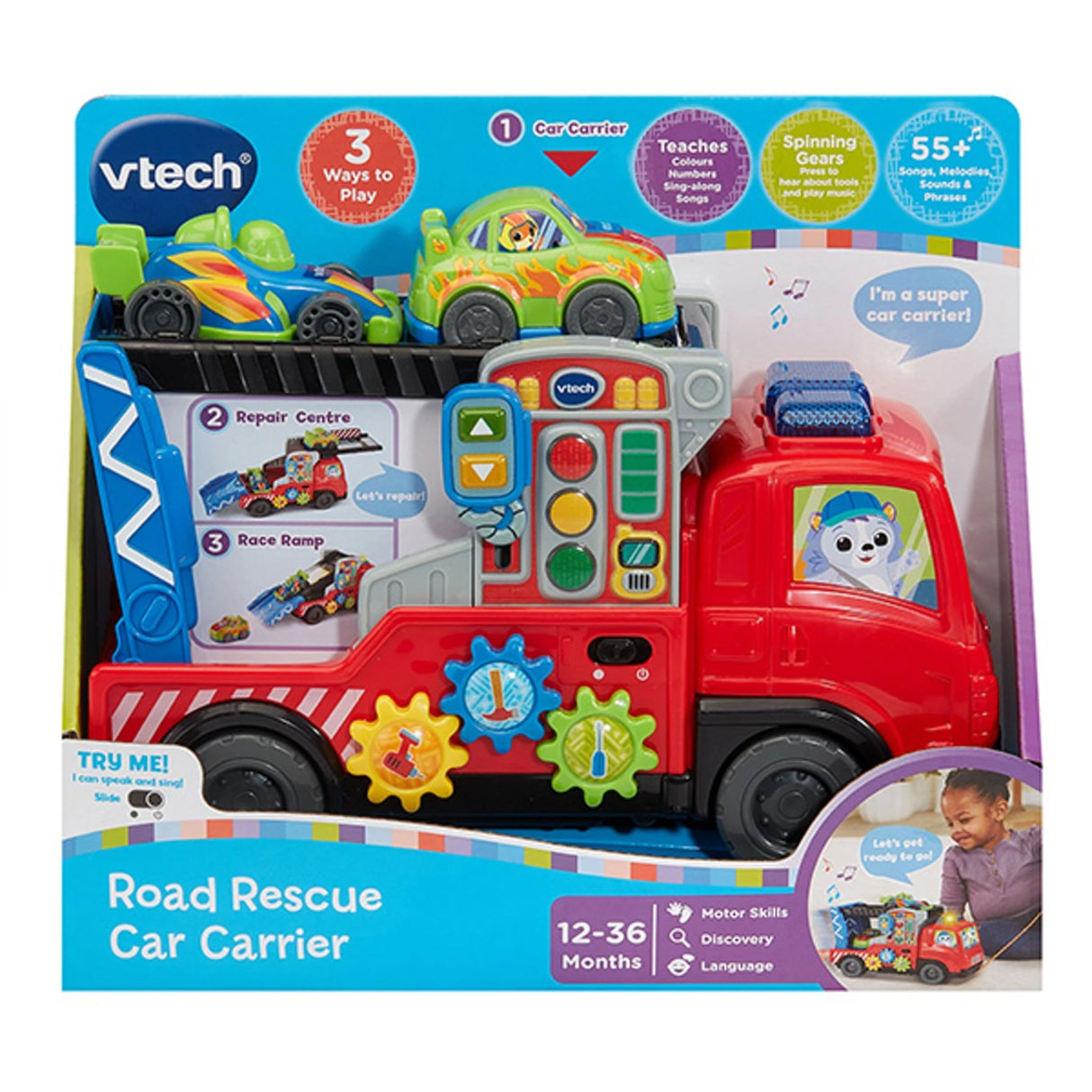 VTech Road Rescue Car Carrier in retail packaging showing red truck, two sports cars, spinning gears and 12 to 36 months label