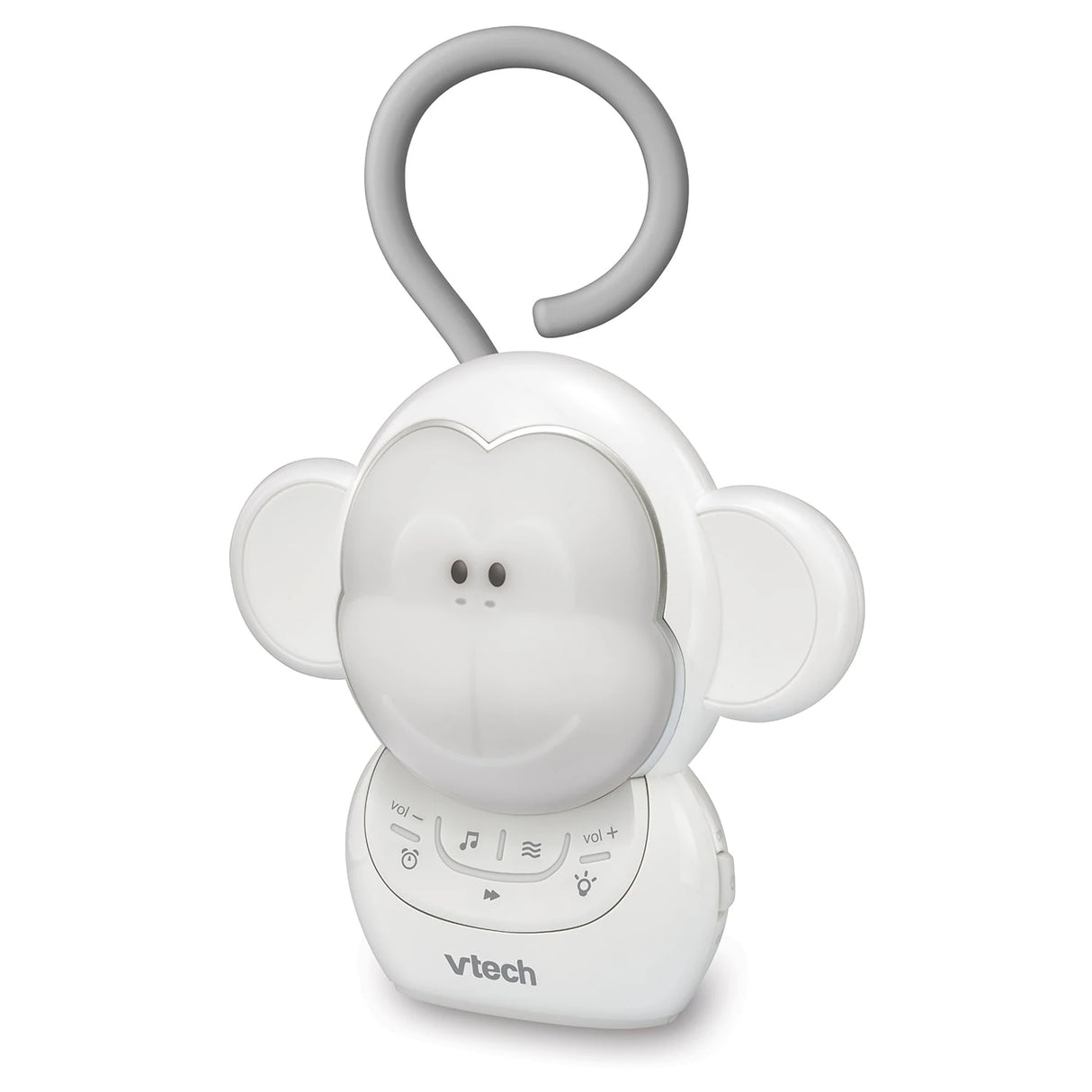 Angled front view of the VTech Myla the Monkey Portable Soother with grey hanging loop and control buttons