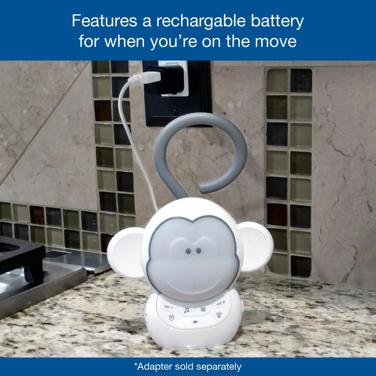 VTech Myla the Monkey Portable Soother hanging beside a sink with rechargeable battery feature text